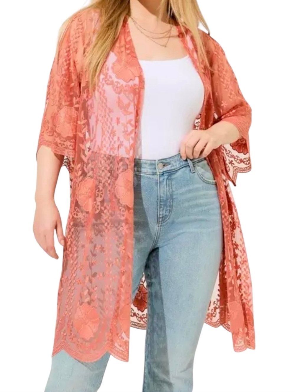 Torrid Floral Crochet Lace Kimono Mesh Coral Pink 3X 4X Bohemian Festival